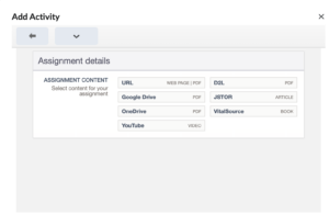 Screenshot of the document options in D2L, showing: URL, Google Drive, OneDrive, YouTube, D2L, JSTOR, VitalSource